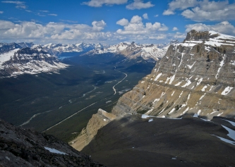 Looking down from my descent of Little Hector toward the TransCanada Highway. The immense walls of Mount Andromache are on the right. Bow Peak, Bow Lake, and Crowfoot Mountain are visible on the left.
